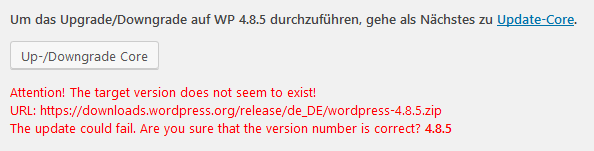 WP Downgrade: Version nicht vorhanden
