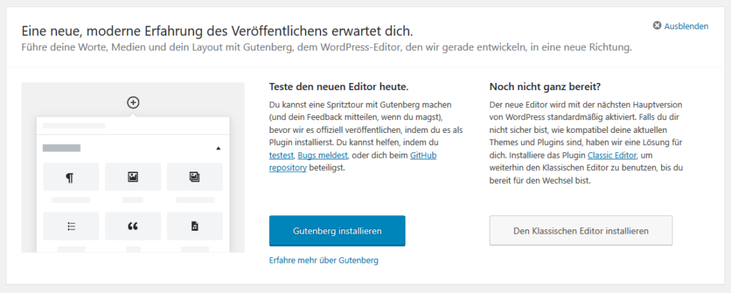 Gutenberg Teaser im WordPress Dashboard