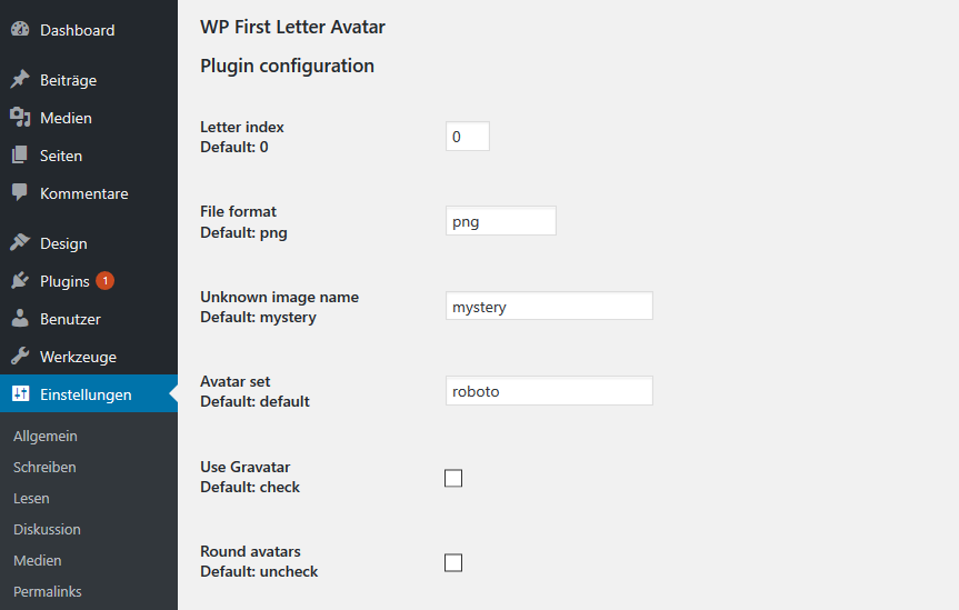 WP First Letter Avatar Optionen